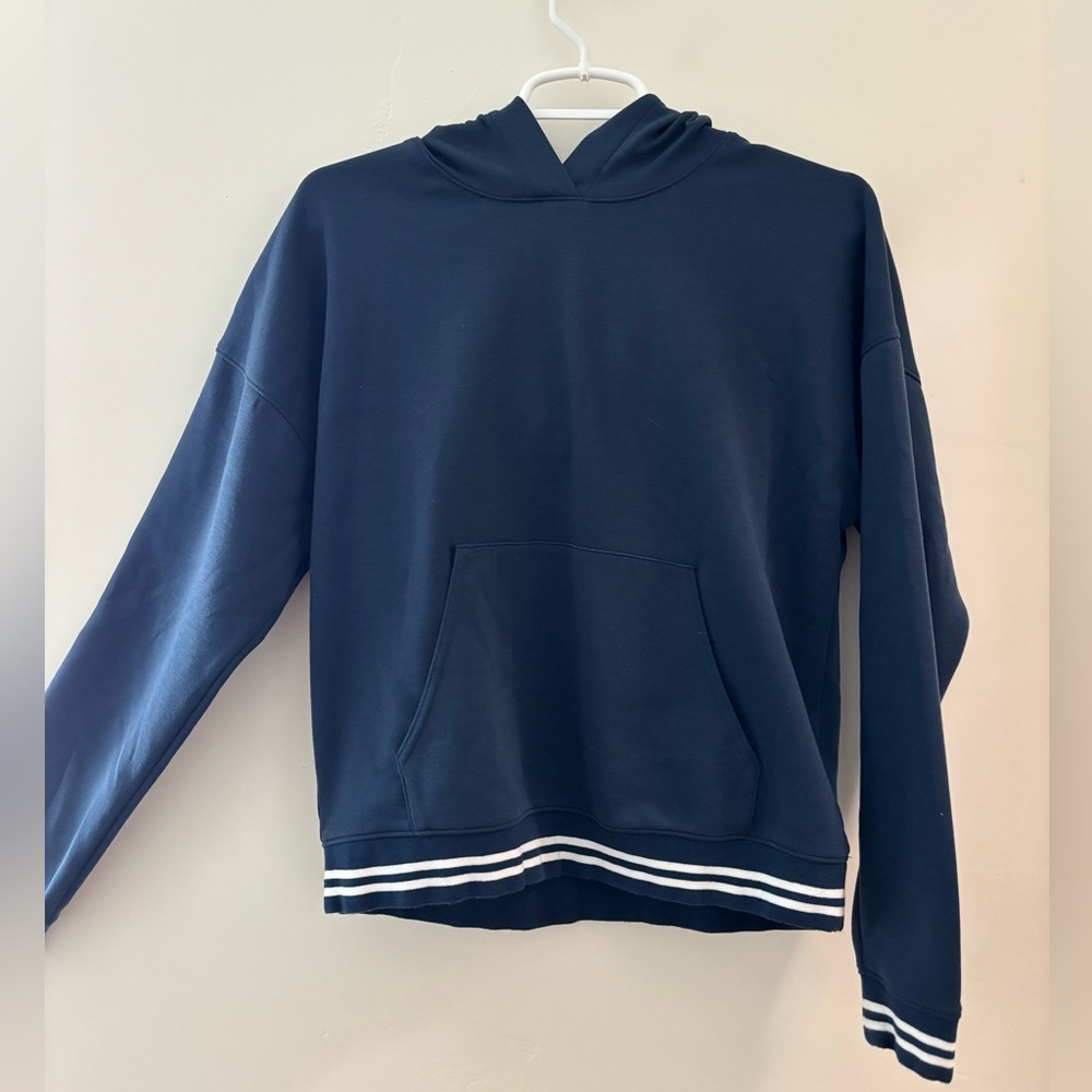 Navy Blue Hoodie with Striped Hem